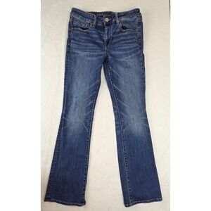 American Eagle Super Stretch Kick Bootcut Jeans Women 8 Blue Distressed Hem